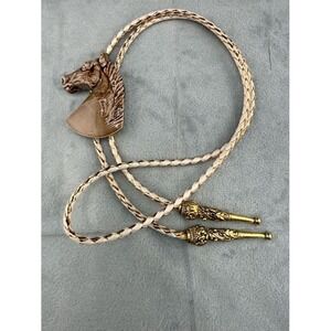 Vintage Ceramic Horse Lariat Bolo Necklace Gold Tone Leather